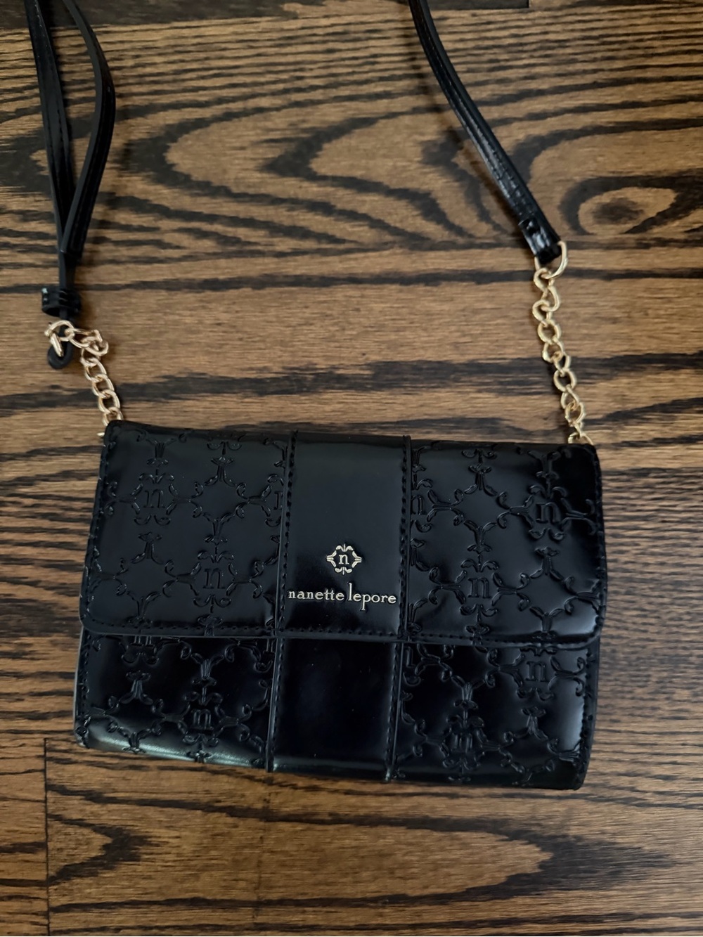 Nanette Lepore Black Quilted Logo Crossbody with Gold Chain